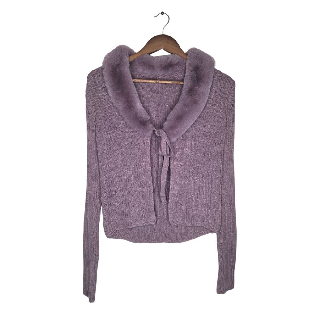 Lavender Faux Fur Ribbed Cardigan with Tie Front